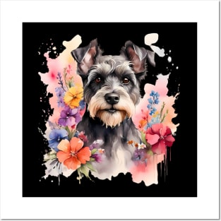 A schnauzer dog decorated with beautiful watercolor flowers Posters and Art